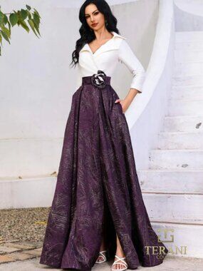 NWT Terani Couture Long Formal A Line Gown Dress Size 2 Ivory Olive with Pockets